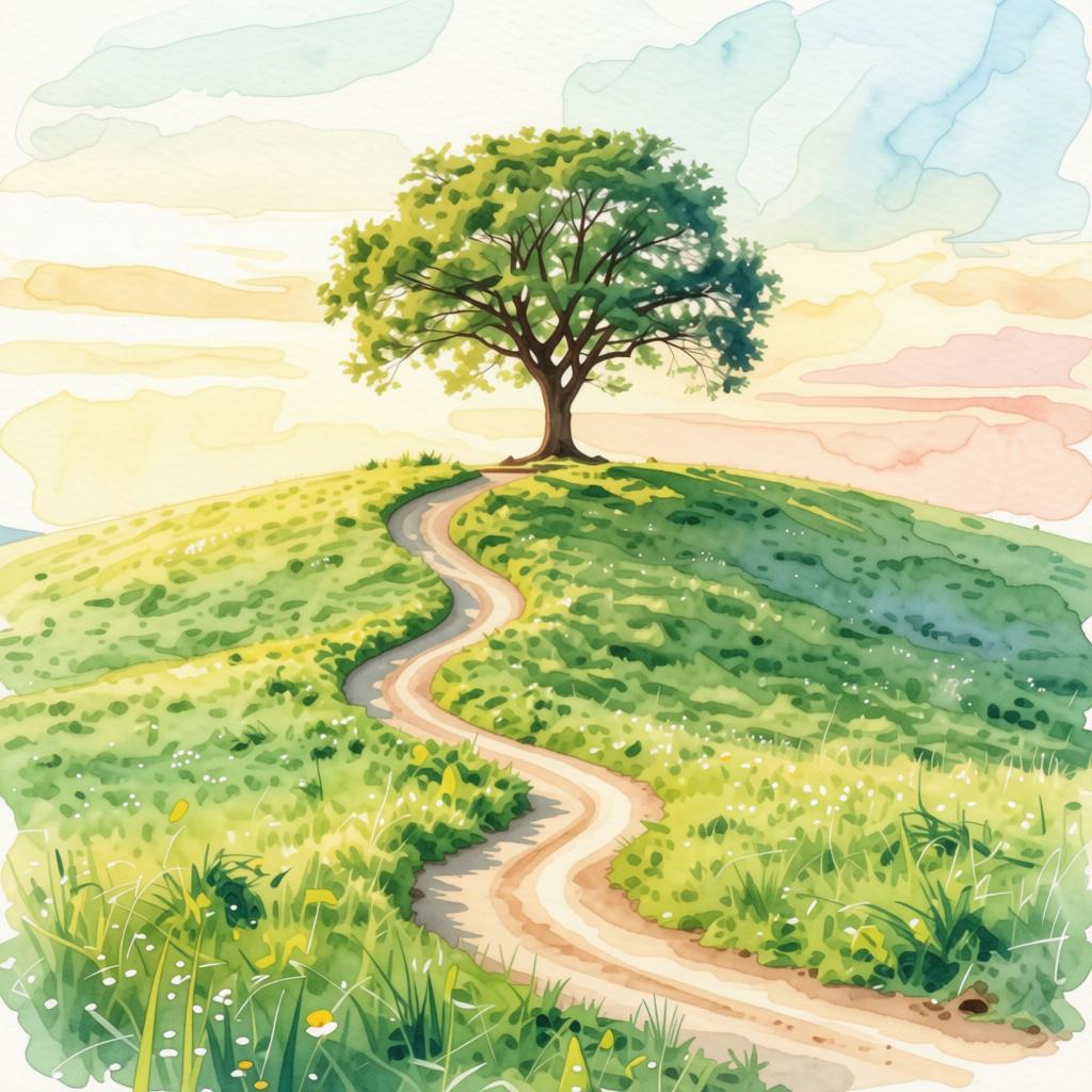 Watercolor landscape with a tree, meadow, mountains and sky